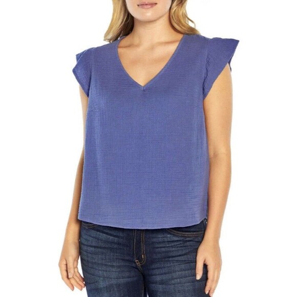 NWT Three Dots Womens Periwinkle Blue Cotton Double Gauze Top Size Large - Picture 1 of 8